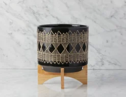 ADEN ceramic pot with wood stand 29 cm