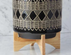ADEN ceramic pot with wood stand 29 cm