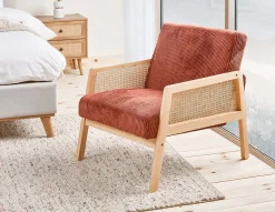 BECKETT armchair with corduroy and rattan accents
