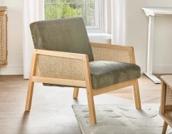 BECKETT armchair with corduroy and rattan accents