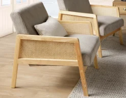 BECKETT armchair with corduroy and rattan accents