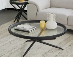 KAY fir wood coffee table with tempered glass top 100 cm