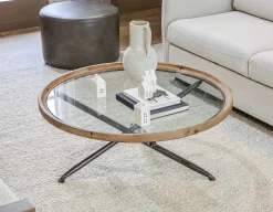 KAY fir wood coffee table with tempered glass top 100 cm