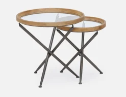 KAY set of 2 fir wood nesting tables with tempered glass tops