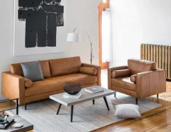 KINSEY mid-century modern 100% leather 3-seater sofa