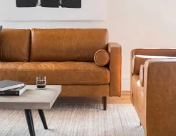 KINSEY mid-century modern 100% leather 3-seater sofa