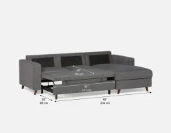 RENEE mid-century modern left-facing sectional sofa-bed with storage