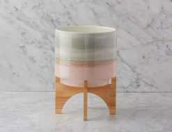 SHANE ceramic pot with wood stand 36 cm
