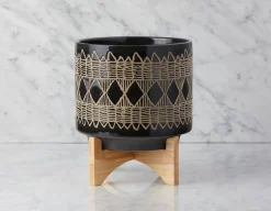 SHANE ceramic pot with wood stand 36 cm